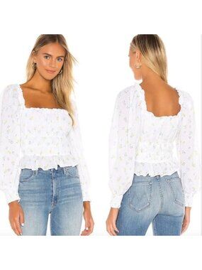 FOR‎ LOVE & LEMONS  Smocked Floral Eyelet Cropped Azalea Top Size Small